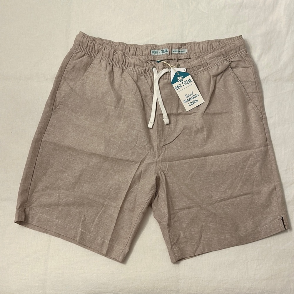 NWT Men’s large washable tan linen cotton shorts, drawstring waist, pockets